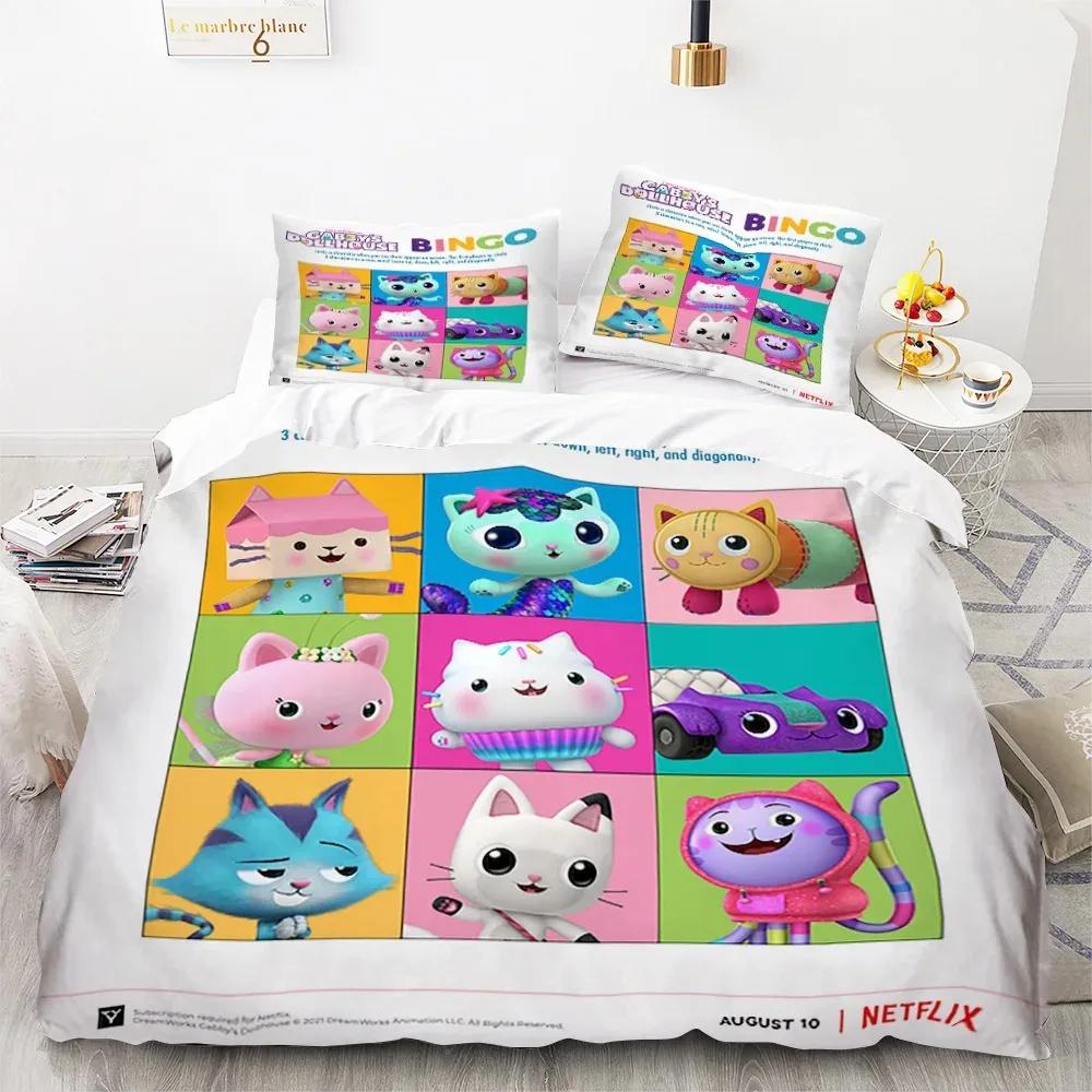 Gabbys Dollhouse Characters Bedding Set Cartoon Duvet Cover Pink Bedclothes Single Double Queen King Size For Girl Bed Set