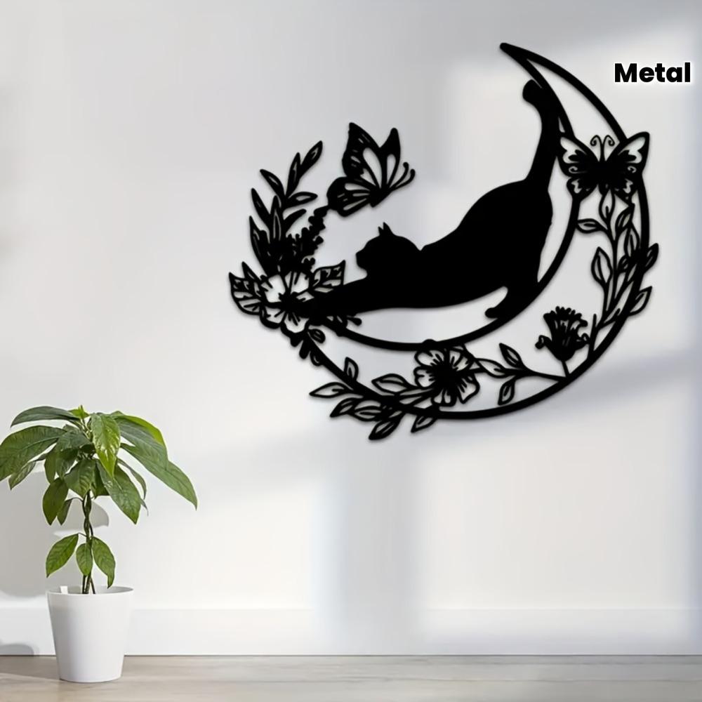 Wrought Iron Black Cat Moon Wall Decor 11.81in Metal Art Sculpture for Living Room Indoor Hanging Home Decoration