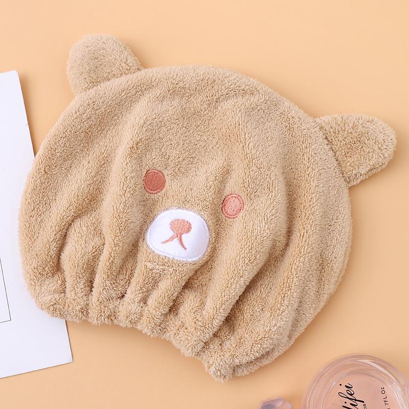 2pc Cartoon Bear Children's Dry Hair Cap Soft Absorbent Girls' Coral Fleece Shower Cap Elastic Band Dry Hair Towel Baby Care