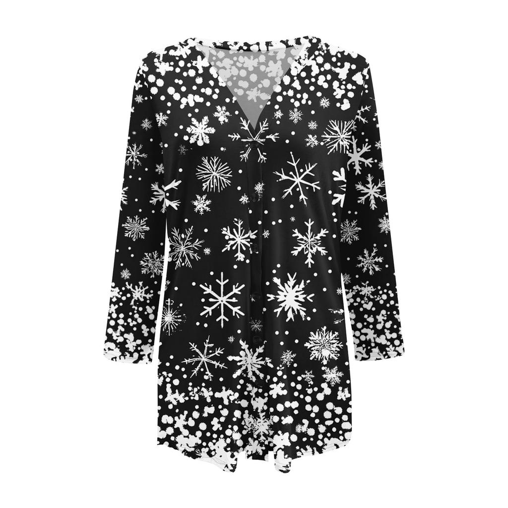 Langermet dametopp i retro-trykk, lett, enkel, løs jakke, cardigan, casual skjorter, jul