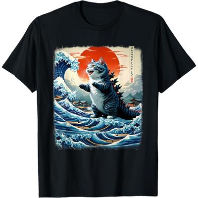 DCOJUZBO Japanese Cat Unisex-Adults Catzilla Cat Japanese Art Funny Cat Adventure T-Shirt