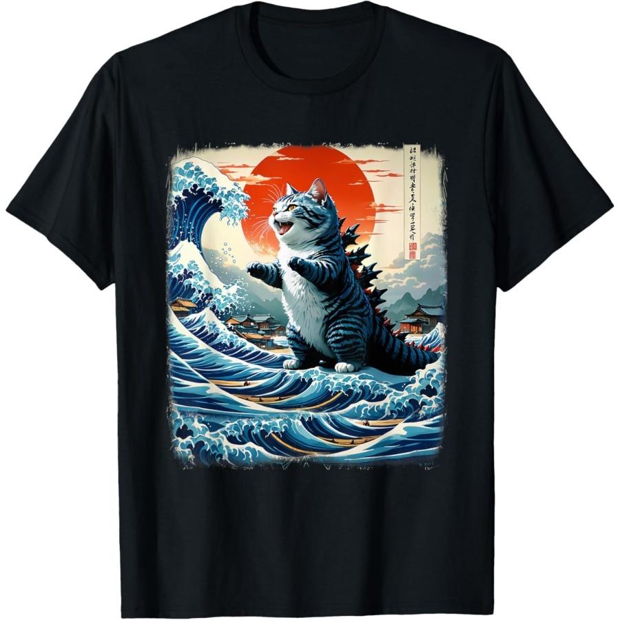 DCOJUZBO Japanese Cat Unisex-Adults Catzilla Cat Japanese Art Funny Cat Adventure T-Shirt S