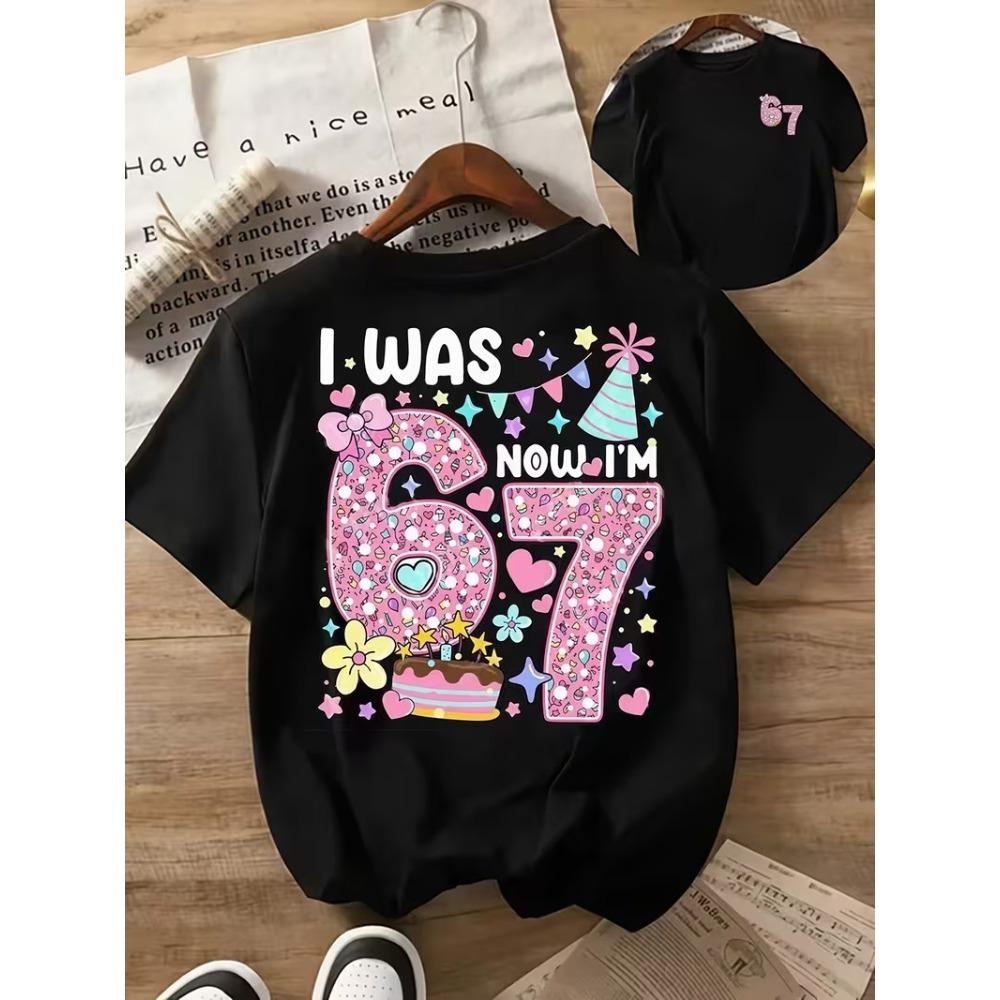 Summer Girls Fashion Current Cotton T-shirt Cartoon Lucky 67 Printed Kid Casual Top Comfortable Childrens Short Sleeved Shirt