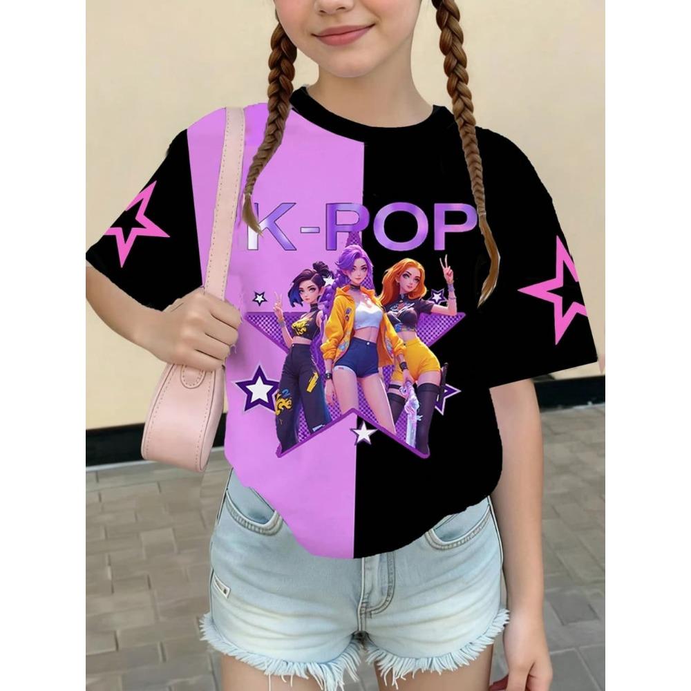 Kpop Cartoon Graphic Girls T-Shirt Casual Round-Neck T-Shirt Suitable for Girls Kids Gift Short Sleeve Tops Children's Clothing