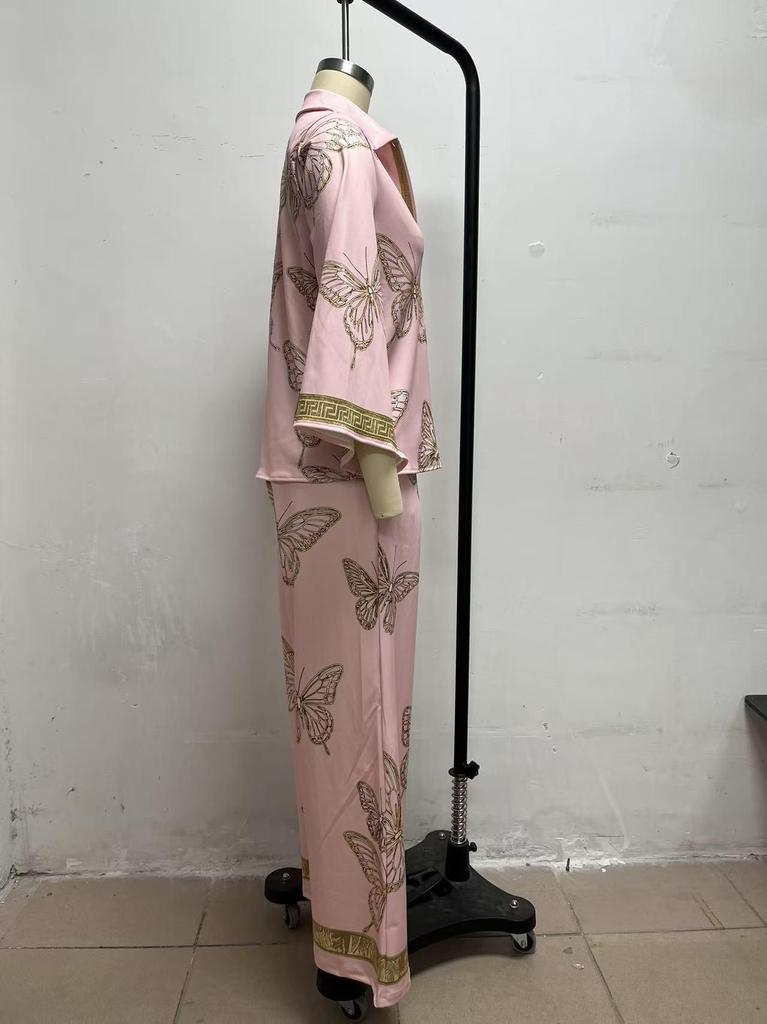 Pink Gold Butterfly Print Women's Two-Piece Suit with Lapel Wide Sleeve Shirt and Drape Wide-Leg Pants