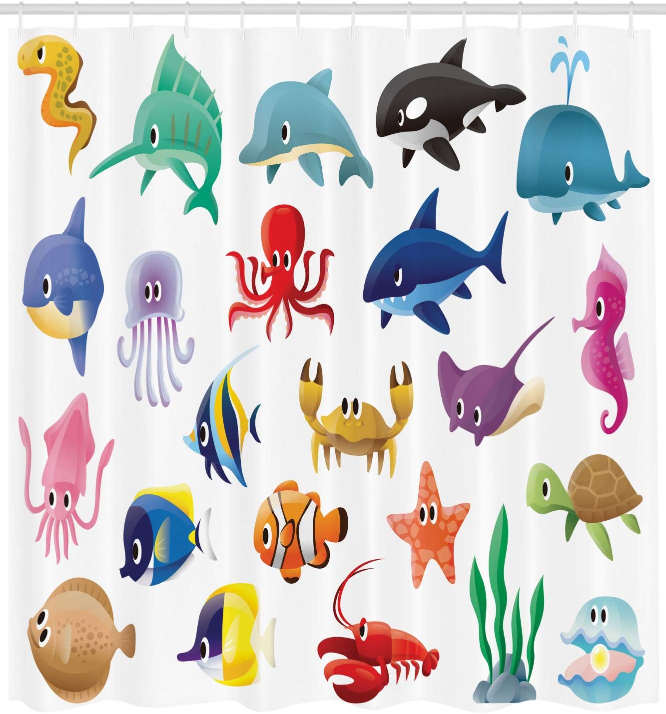 Marine Life Shower Curtain with Hooks – Colorful Sea Creatures, Whale, Octopus & Starfish, White Multicolor Kids Art 90x180cm35x71in