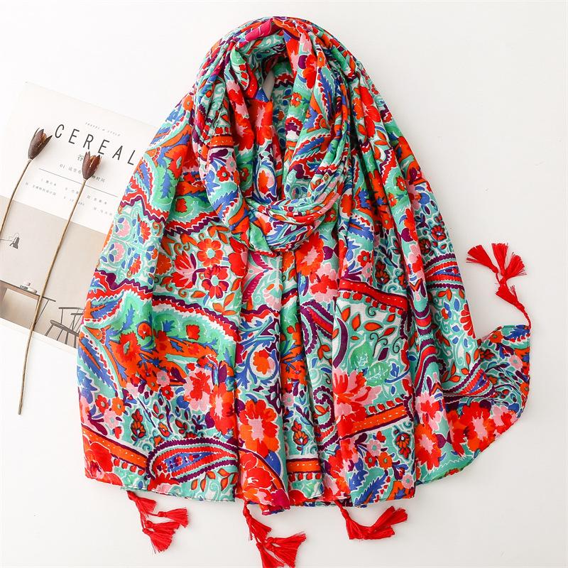 Ladies Fashion Autumn Aztec Paisley Floral Tassel Viscose Scarf High Quality Print Shawls and Wraps Thick Muslim Hijab 180*90Cm