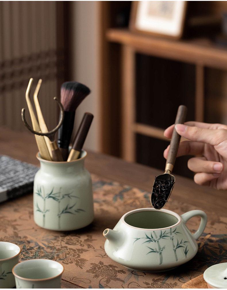 Hand-Painted Kung Fu Tea Ceremony Set: Six Gentlemen Accessories with Tea Tongs, Brush, and Tea Pet