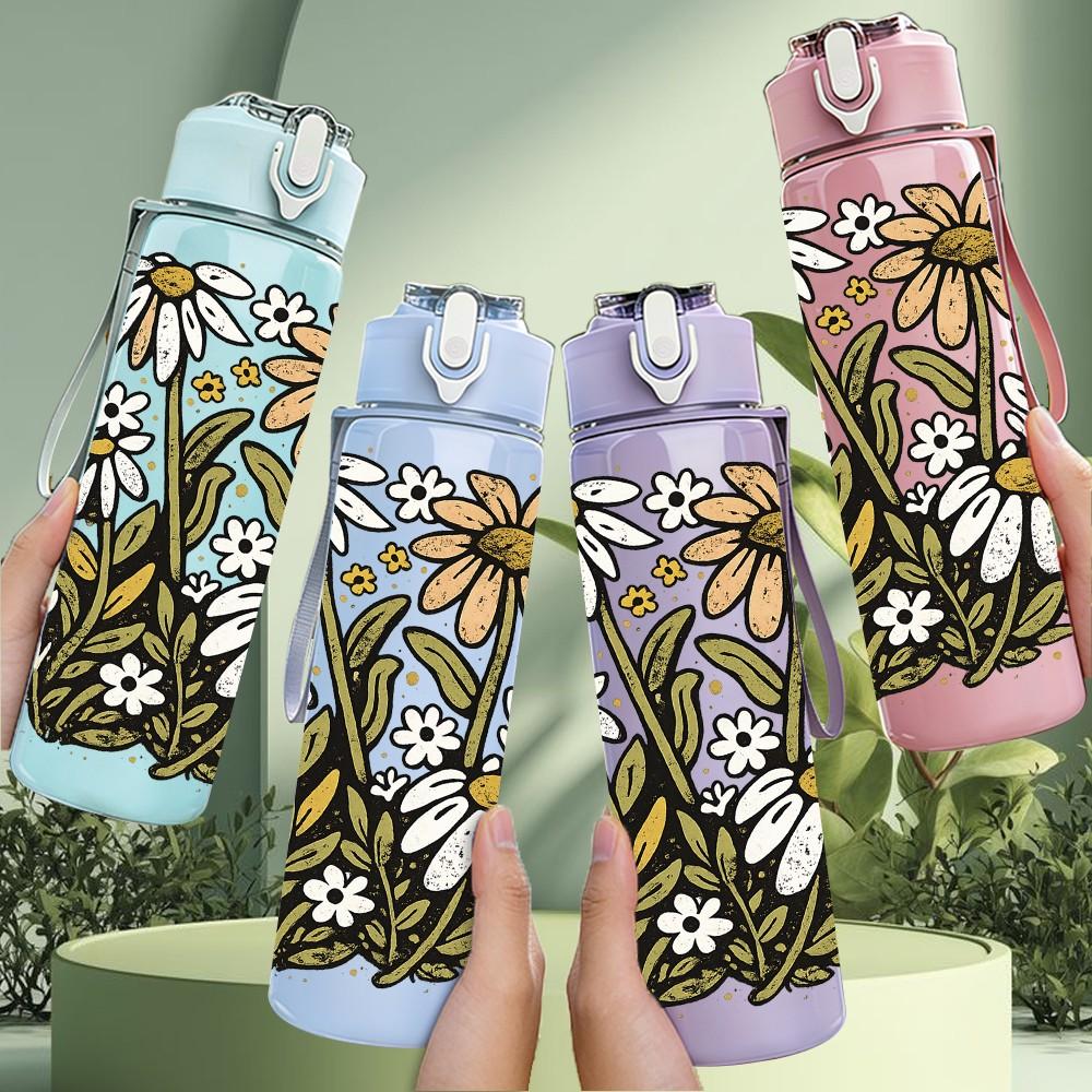 1PC Daisy Wildflower Botanical Print 750ml Color Plastic Sports Water Bottle Leakproof Flip Straw Lid Suitable for Sports Office Home Use