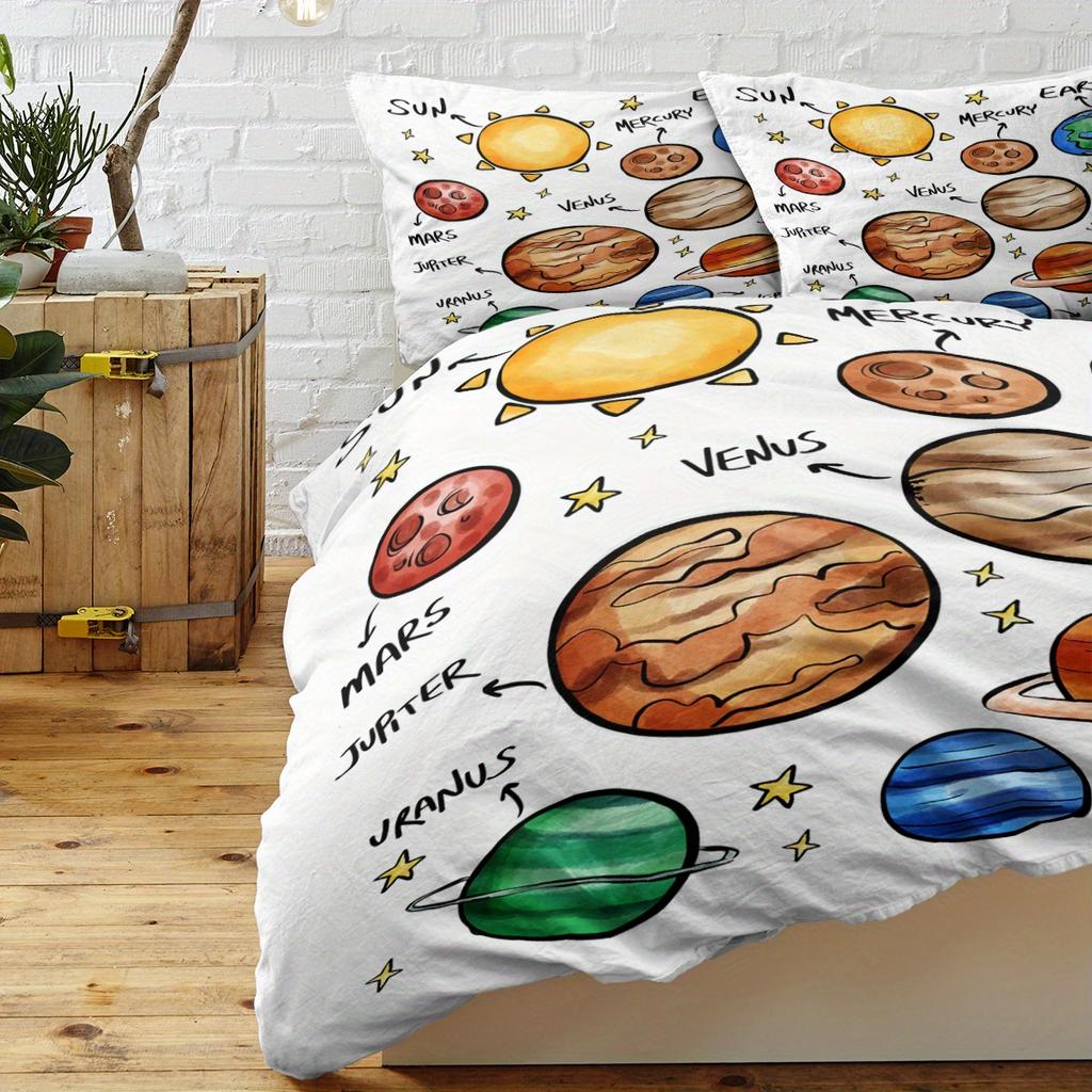 3-Piece Solar System Planets Print Duvet Cover Set - All-Season Polyester Bedding with 1 Comforter Cover and 2 Pillowcases, Mach