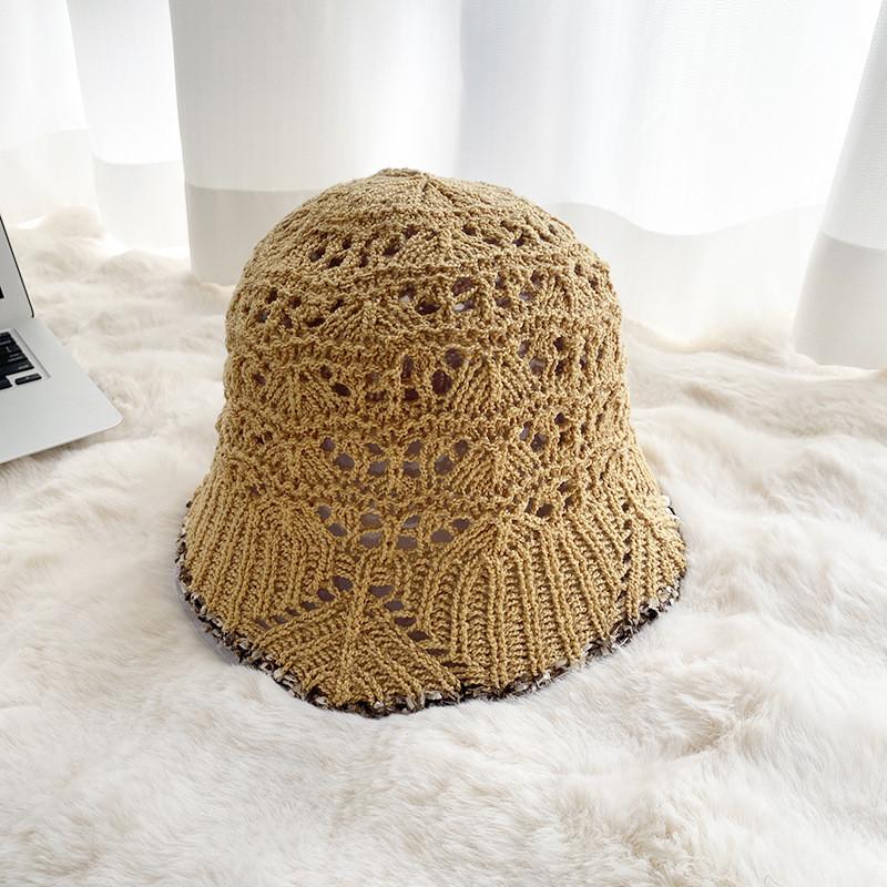 Stylish Round Top Knit Sun Hat With Floral Lace Trim Lightweight Sunscreen Bucket Cap For Summer