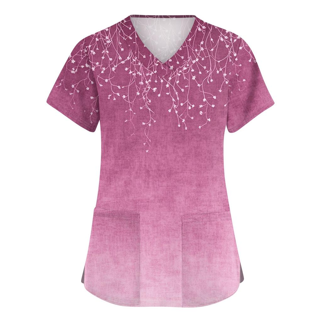 Niedlich bedruckte Arbeitskleidung für Damen, V-Ausschnitt, doppellagige Taschen, Basic-Kurzarm-Oberteil, Pullover