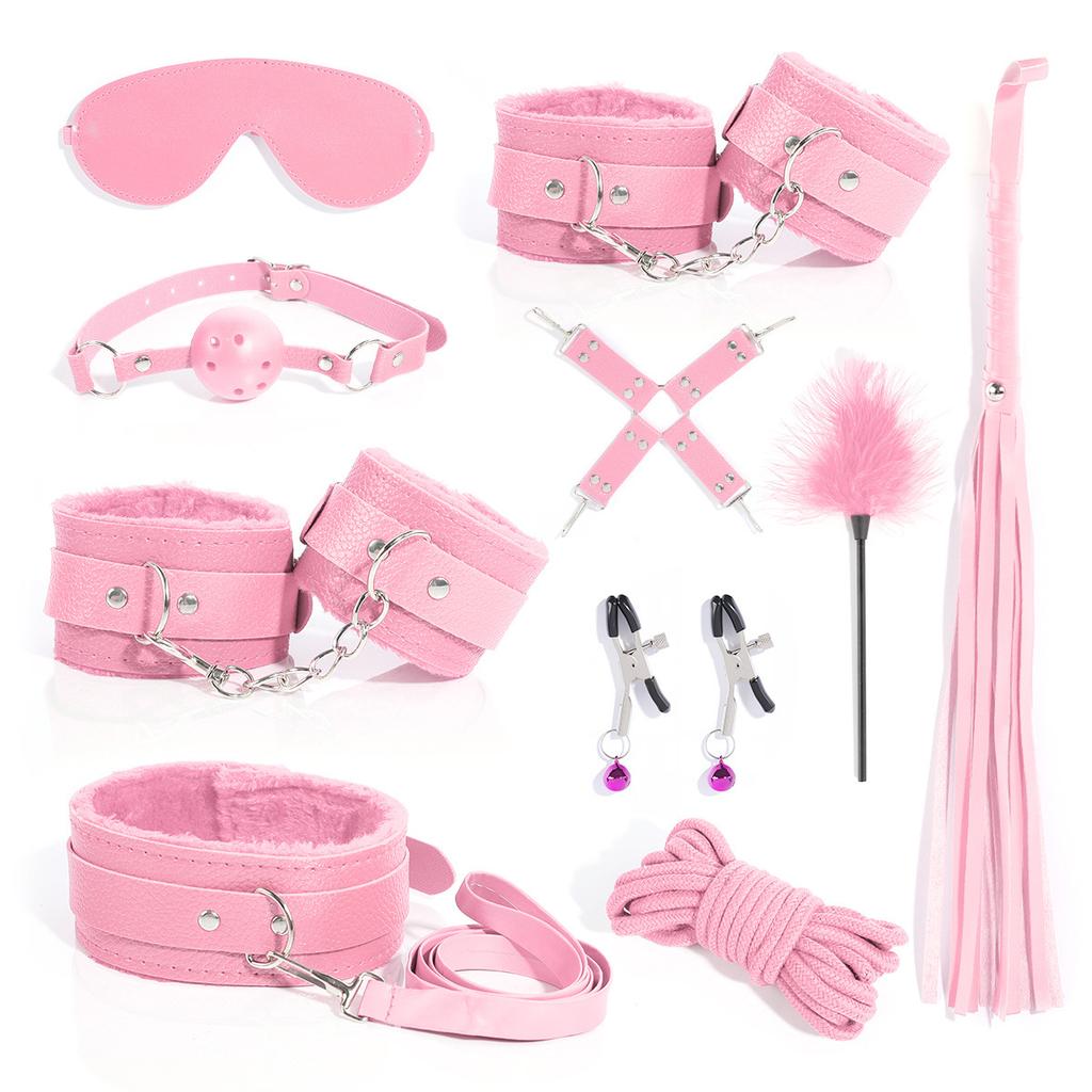 BDSM Bondage Bundle Set Leather Plush Blindfold Handcuffs Whip Nipple Clip Adult Sex Toys Women Erotic Restraint Game Kit