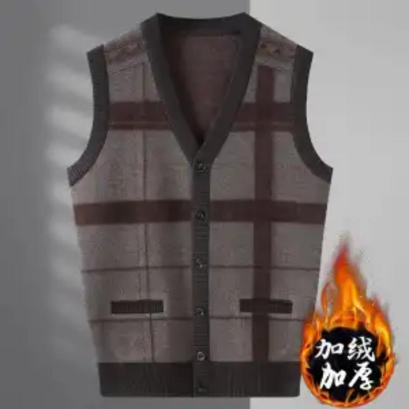 Middle-aged and Elderly Men's Vest Winter Velvet Thickened Vest Knitted Cardigan Vest Sweater Waistcoat