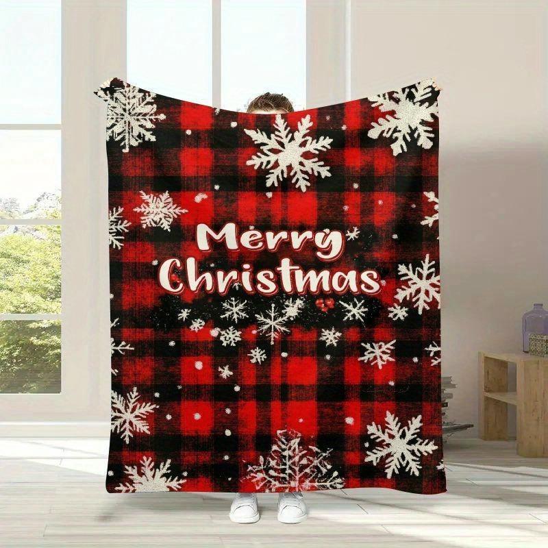 Comfortable flannel shawl blanket - Christmas snowflake and reindeer pattern,soft red and black plaid,suitable for sofas or beds