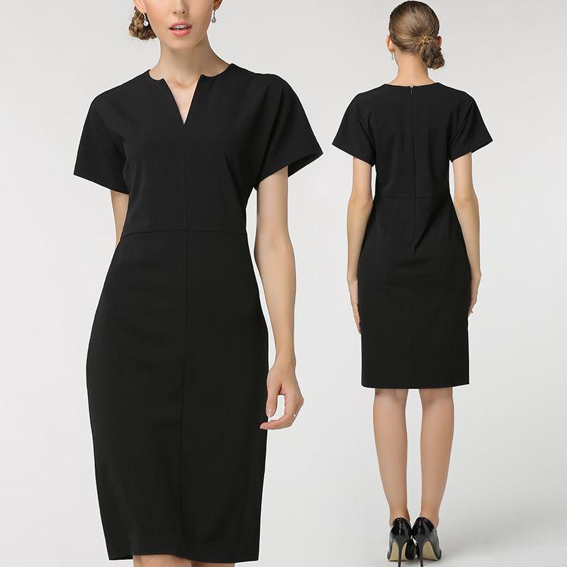 

European and American Commuters Professional V-neck Spring and Autumn Black Dress Short Sleeve Black L