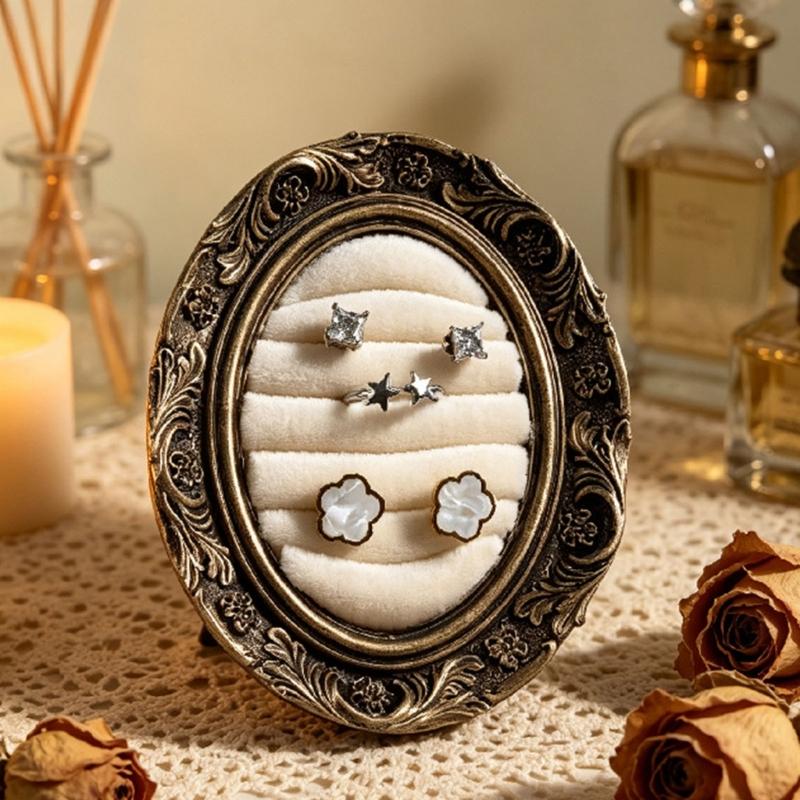Ring Display Tray with Multiple Horizontal Slots, Ornate Oval Scrollwork Frame and Flat Base for Tabletop Presentation