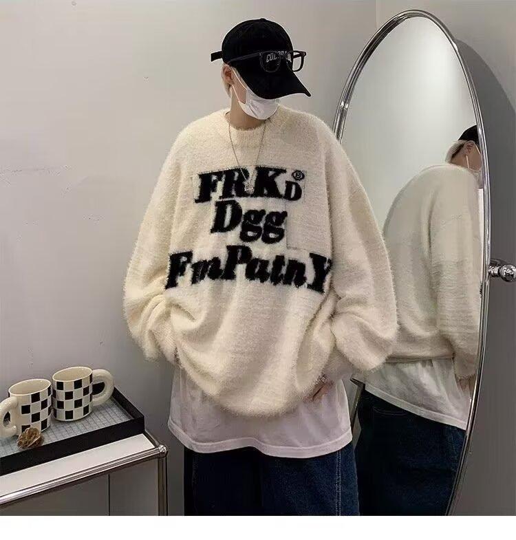 Guochao American Letter-printed Mink Fleece Sweater Men's Autumn and Winter Thickened High Street Couple Soft Waxy Knitted Sweater Top