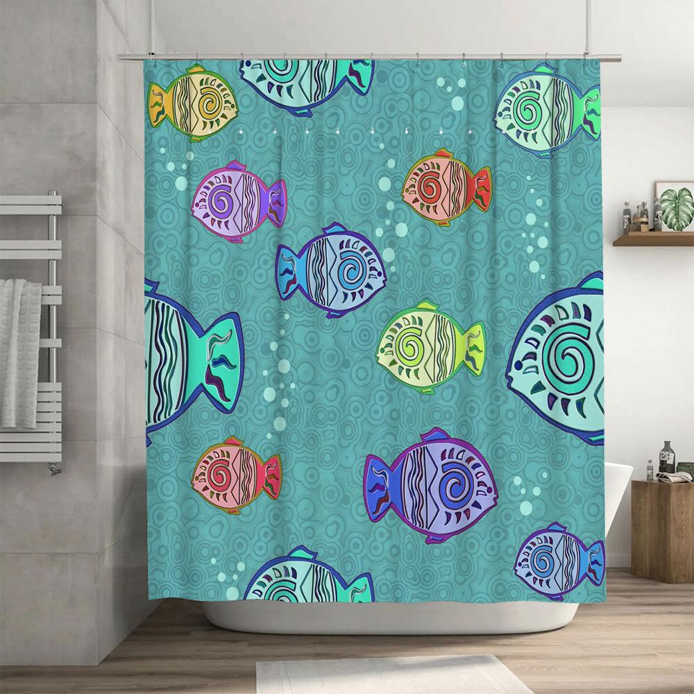Colorful Fish Shower Curtain Blue Green Tones, Patterned Bathroom Liner for Home Decor Waterproof Fabric (72 X 72 Inches)