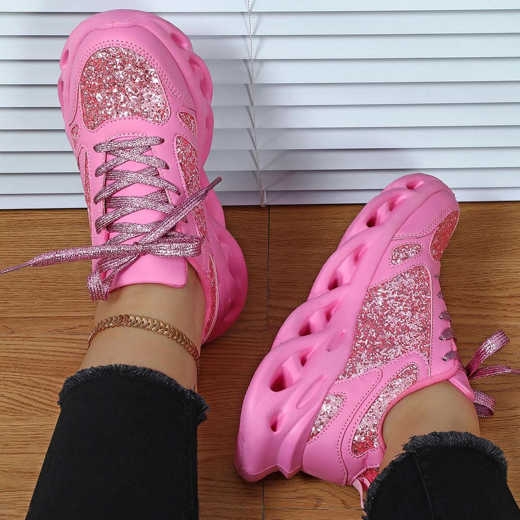 Bling Leather Pink Women Sports Shoes Thick Sole Glitter Sparkling Women Casual Shoes High Quality Walking Shoes Ladies Sneakers