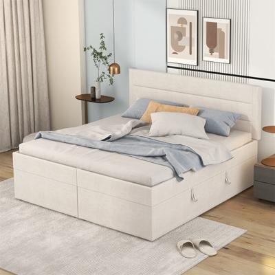 Upholstered Bed, 200x140cm, Double Bed with Slatted Metal Frame, Large Storage Space, Can Be Opened On Both Sides, Beige
