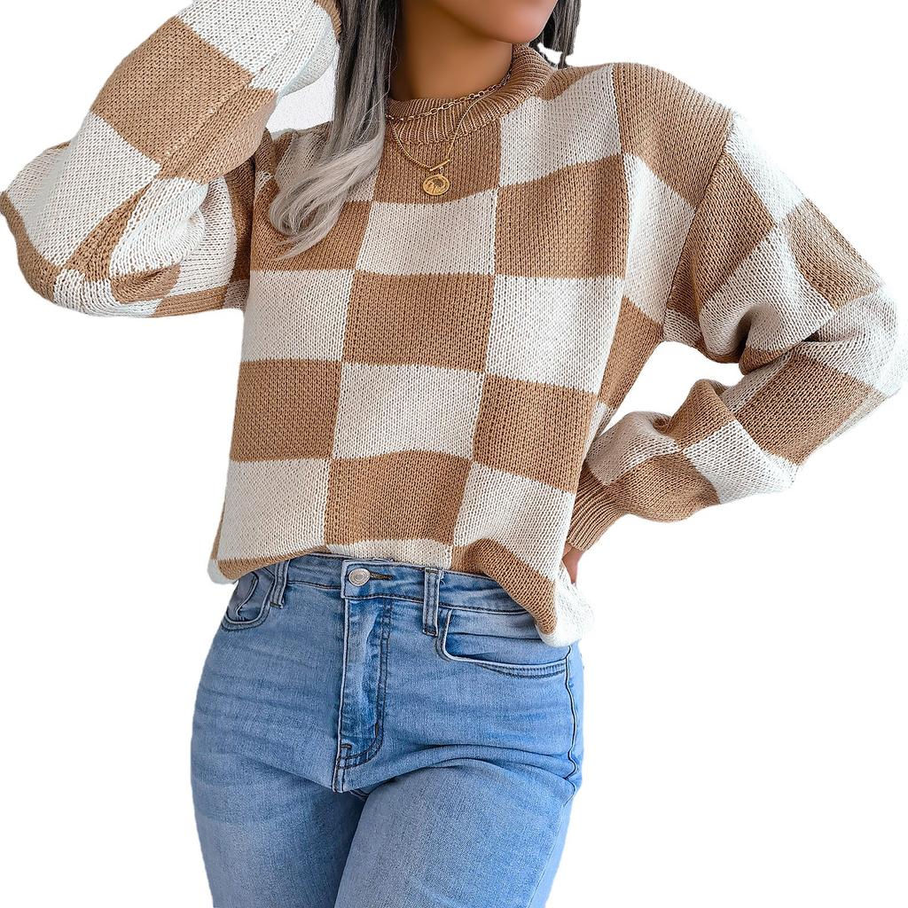 Autumn and Winter Street Style Contrasting Color Plaid Long-sleeved Pullover Knitted Sweater