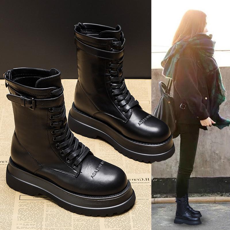 New medium tube Martin boots British style platform short boots, small man height increase and velvet in autumn and winter