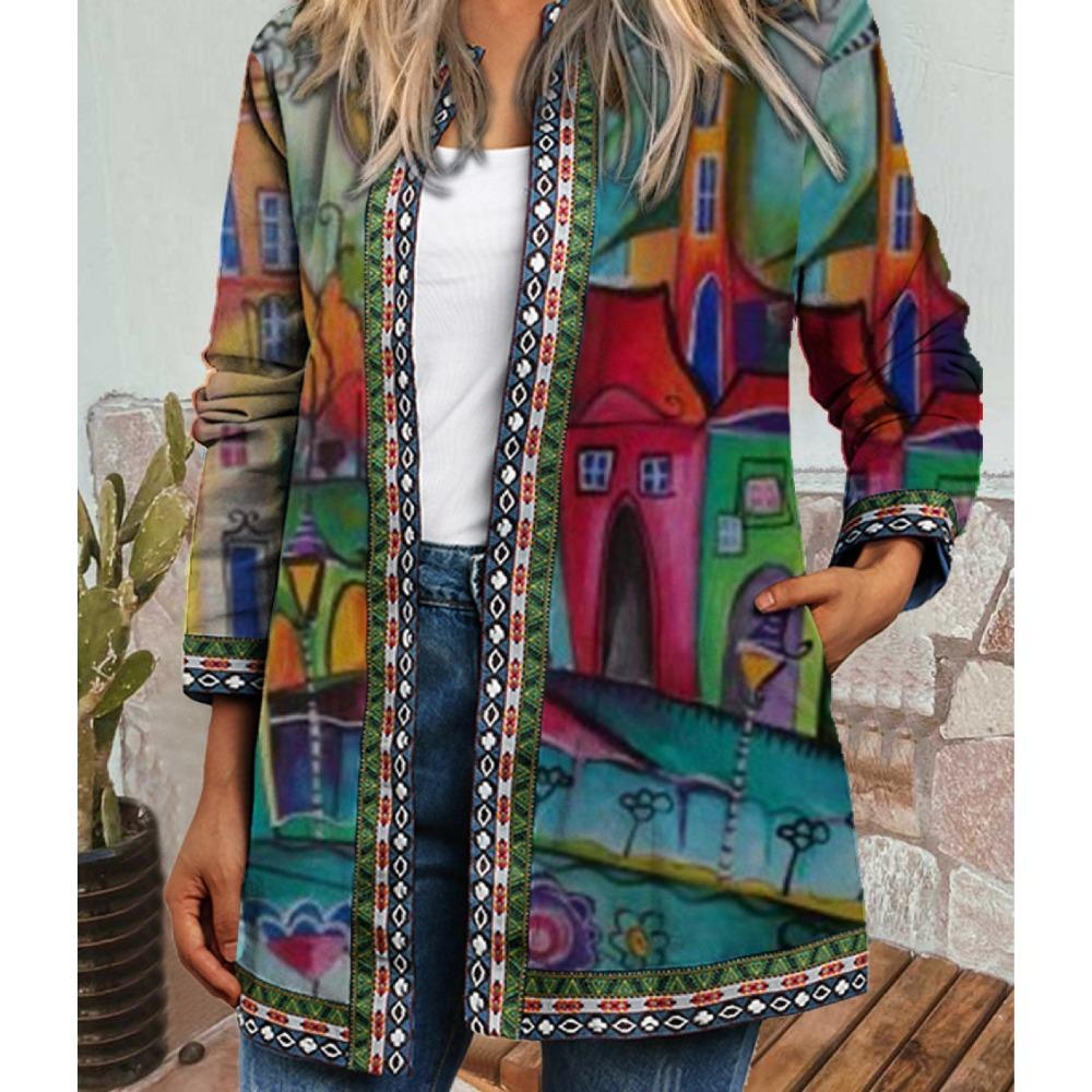 GMXIA Autumn and Winter Vintage Ethnic Style Printed Long Sleeve Hoodie Outside Cardigan Coat for Women