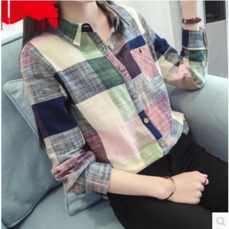 DAFIFY Women's Fashion Casual Spring Autumn Plaid Print Long Sleeve POLO Neck Blouses & Shirts
