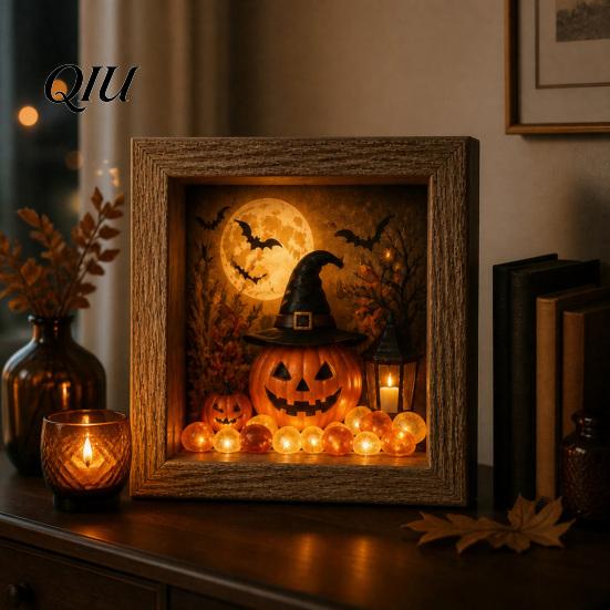 Personalized Halloween Display Shadow Box Frame DIY Lighted Craft Kit, Wooden Night Light with Seasonal Interior Decor Sea Glass Stones, Gothic