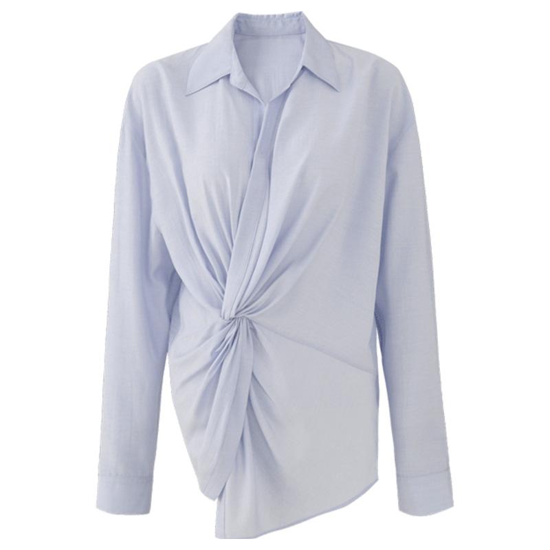 Commuting acetate twisted blue shirt for women's tourism vacation French long sleeved shirt