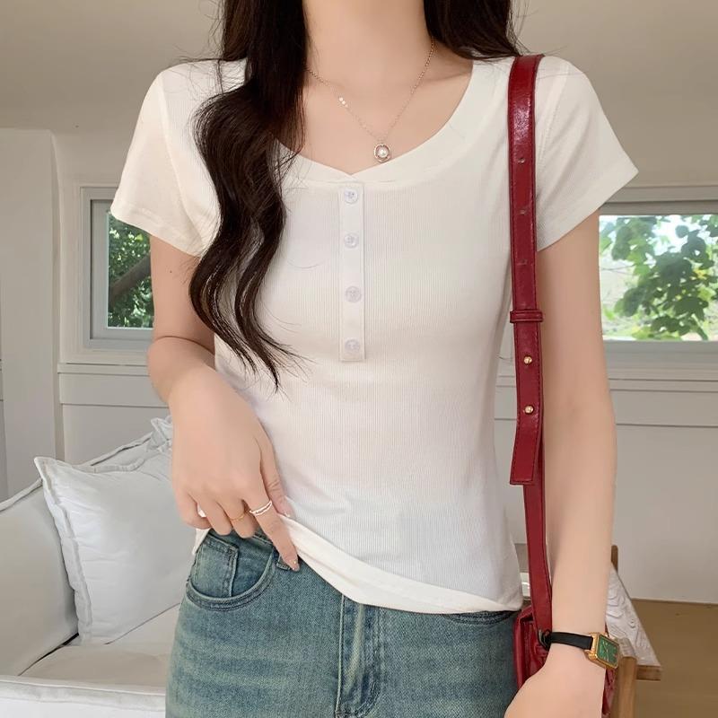 Blue Gentle Right Shoulder Short-sleeved T-shirt for Women Spring and Summer New Style Half Open Collar Western Style Slimming Bottoming Threaded Top