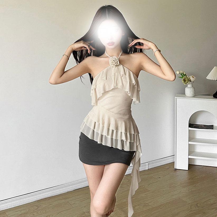 Chic 3D Rose Halter Crop Top - Women's Ruffled Irregular Summer Style