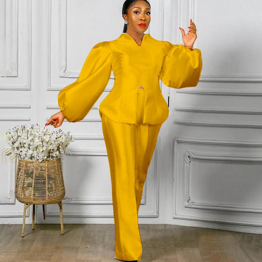 

Solid Color Puff Sleeve Top & Wide Leg Pants Two-Piece Set - European & American Fashion M жёлтый
