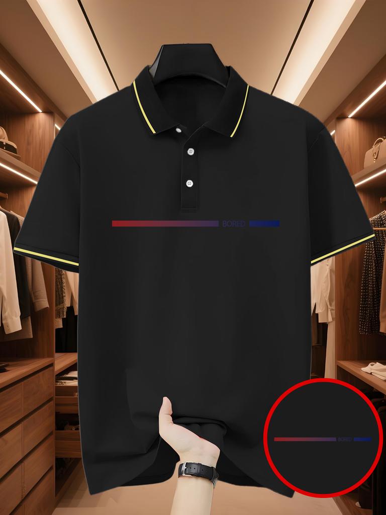 Men's Golf Polo Shirt with Gradient Long-strip Large-pattern Print - Short-sleeve Lapel Stylish Polo Shirt for Business Casual Daily Wear