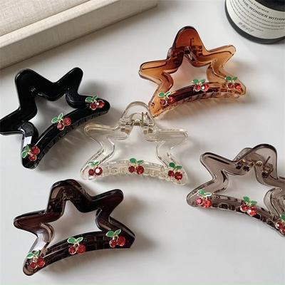Transparent  Sweet Hair Claw with Cherry Grab Clip Diamond Star Shape and Hollow Claw Clip Design for Women Hair Accessories