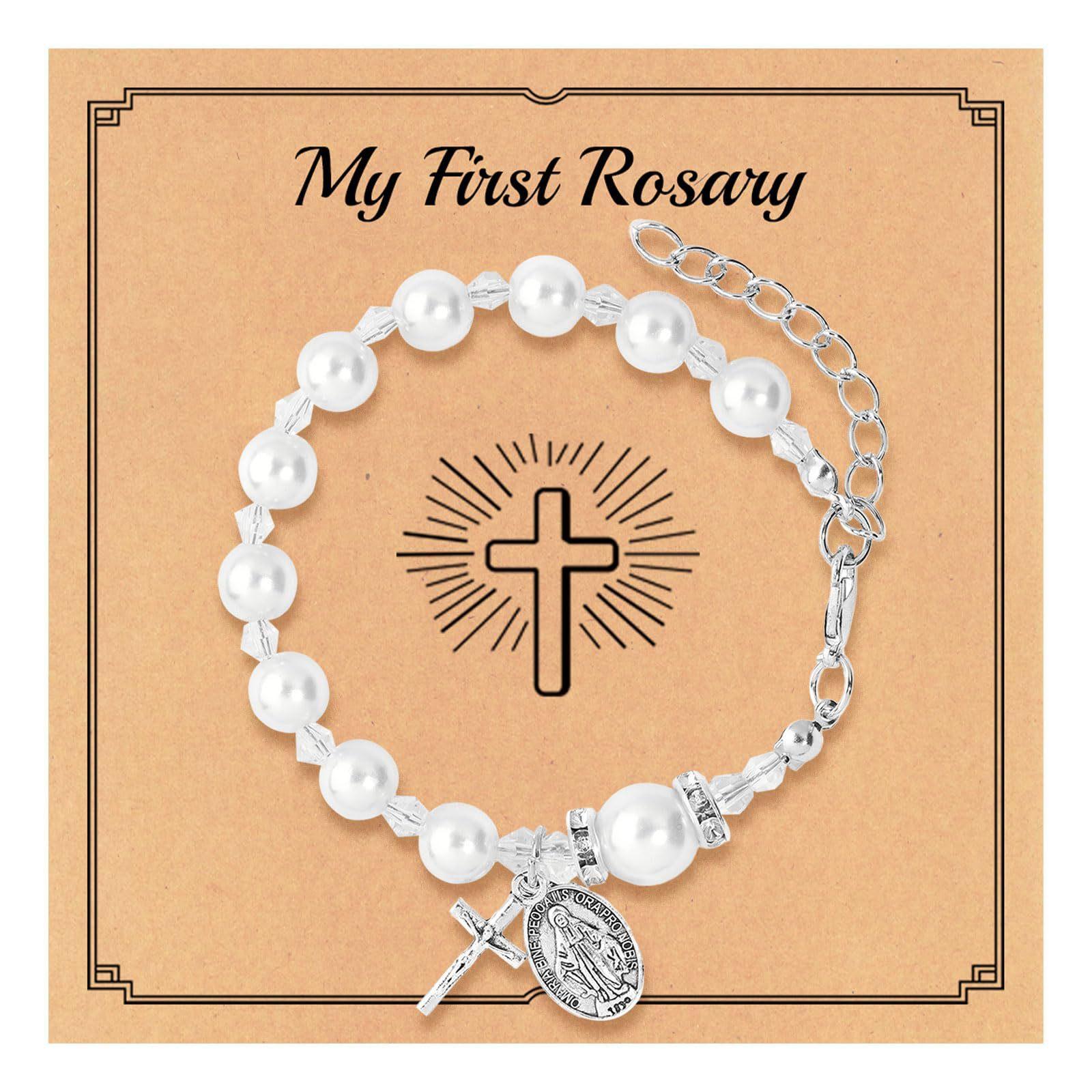 Ladies Pearl Bracelet Rhombus Beaded Adjustable Chain Cross Pendant White Pearl Faith Bracelet