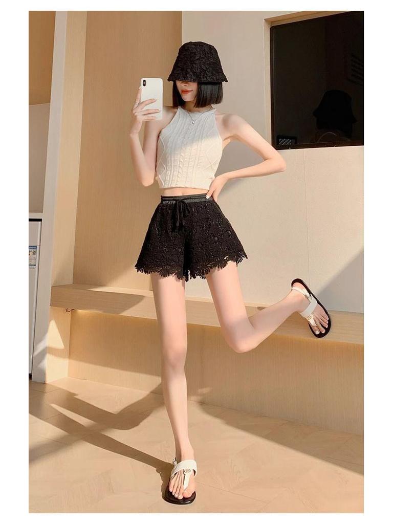 Women's Summer High-Waist Lace Sports Shorts - Casual, Loose, A-line, Wide-Leg, Three-Quarter Pants