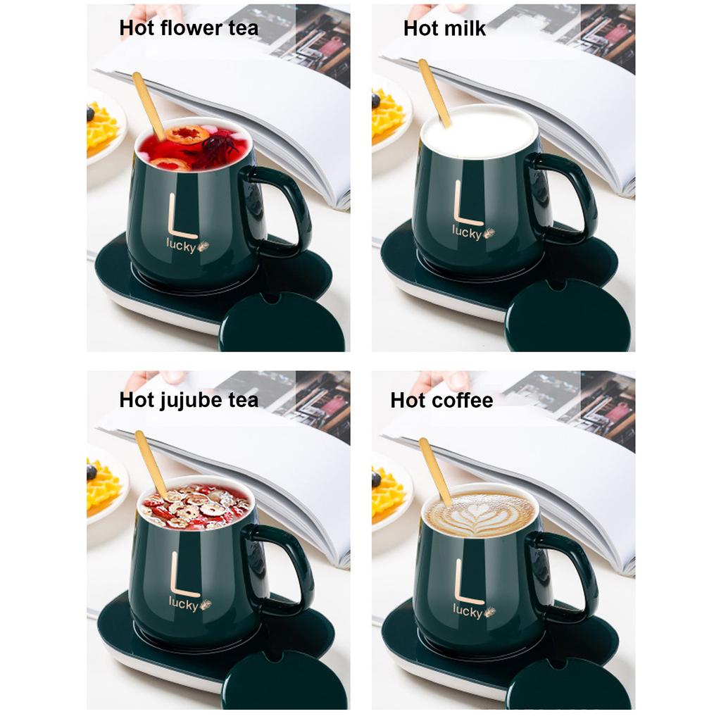 Constant Temperature Cup with Mug Warmer Thermostatic Coaster Mug and Warmer Pad CN (Green(Cup Lid Spoon Mat) )