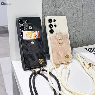 Geldbörsen-Riemen-Hülle Für Samsung Galaxy S26 Ultra S24 FE S23 S21 S22 S25 Plus Kartenblume Crossbody-Kordel Lanyard Karierte Tasche Hülle