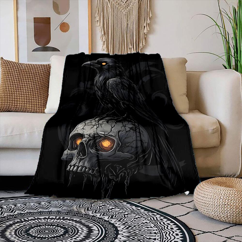 1PC Raven on glowing skull Print Adult Children Warm Blankets Home Travel Car Soft and Comfortable Suitable for all seasons