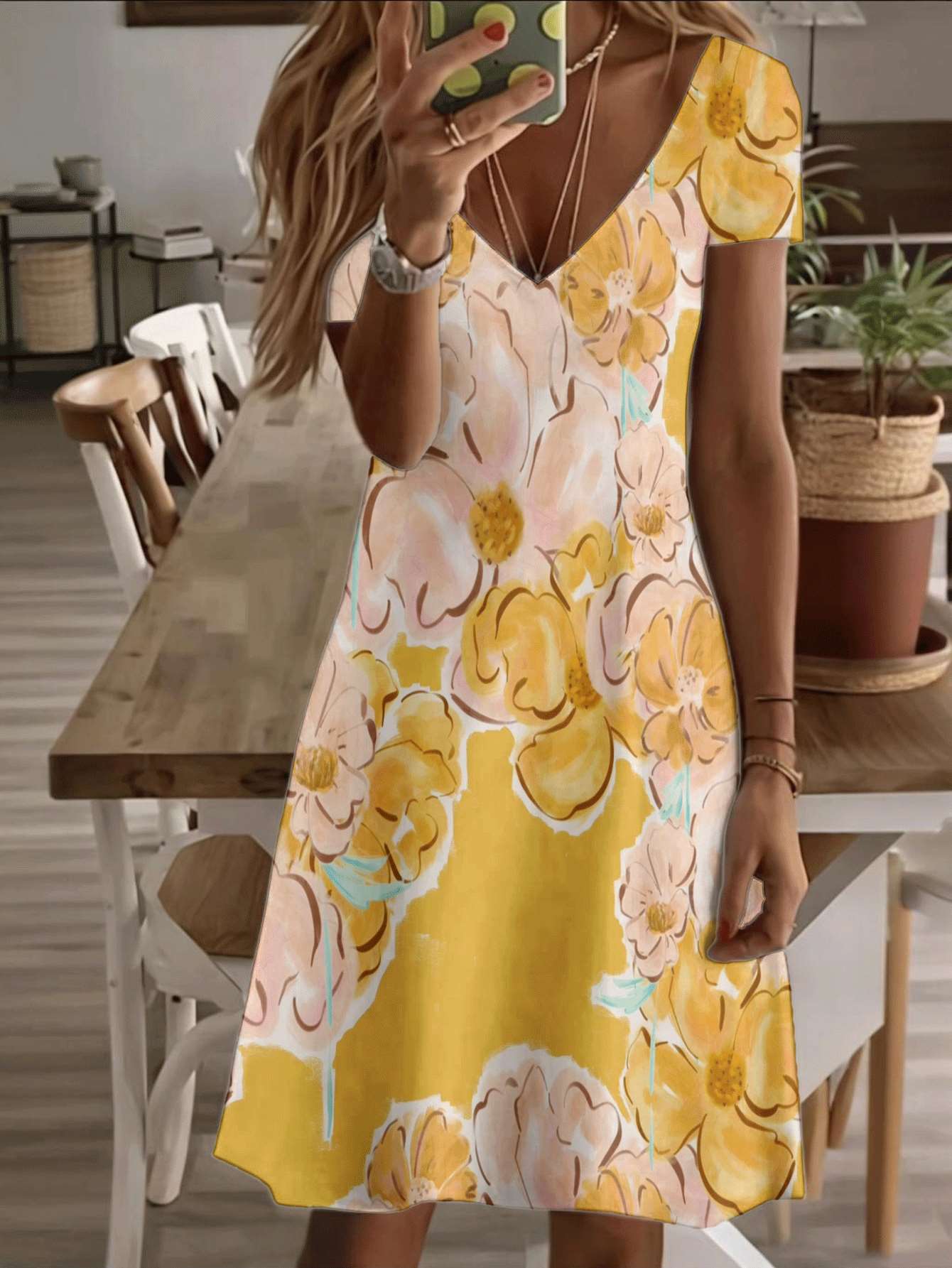 

Vneck shortsleeve midi dress sunflower floral print pattern 3D premium printing durable casual fashion summer woman outfit elegant yellow stylish look 9XL дубильна кора