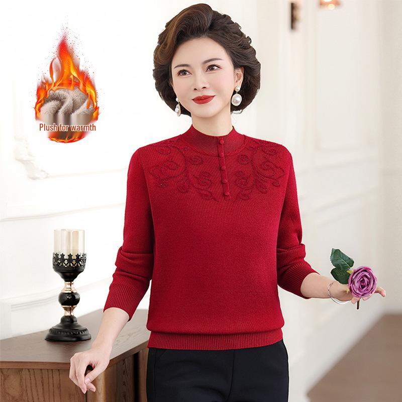 Mom's 2025 Autumn Chinese Style Sweater for Middle-Aged Women, Warm Velvet Knit, Age-Reducing for Winter/Autumn
