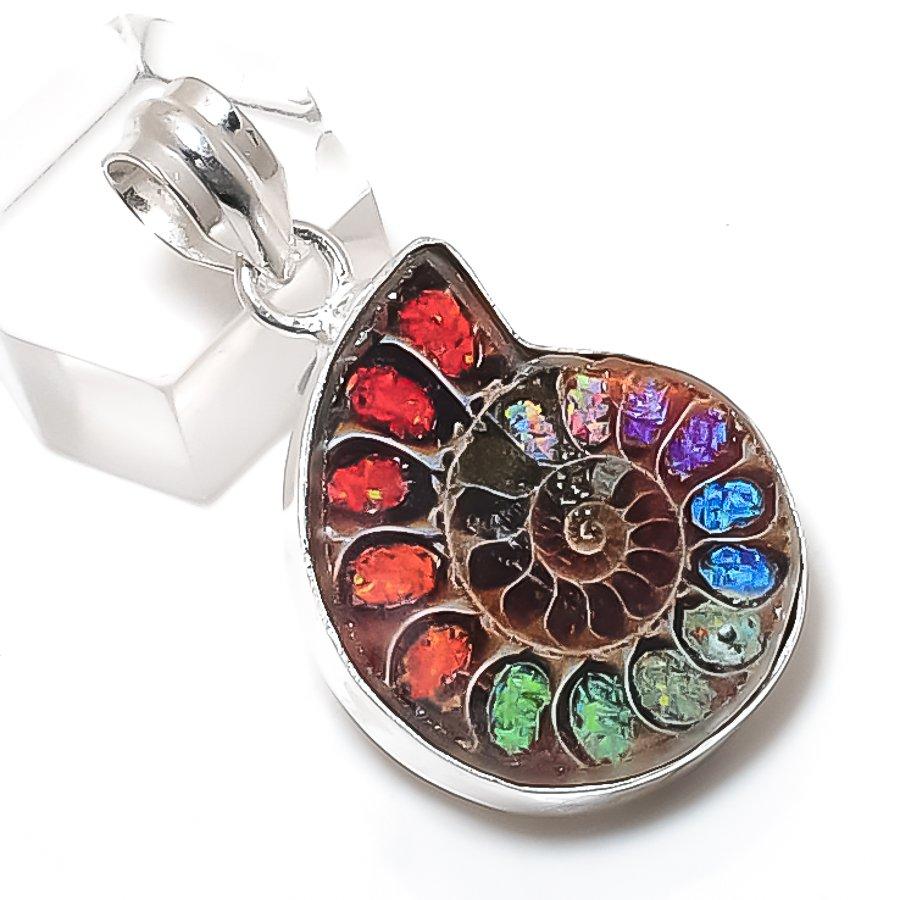 

Ископаемый аммонит Драгоценный камень Ручная работа Серебро 925 пробы Ювелирное украшение Подвеска 1,58 z8V22