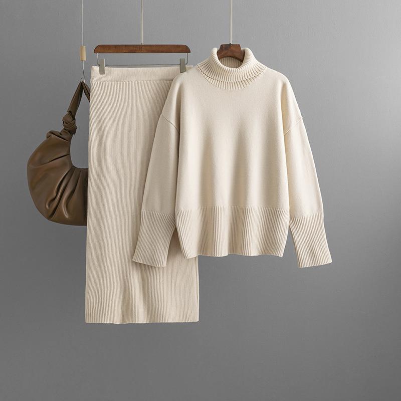 Solid Color Turtleneck Sweater Half-body Hip Skirt Two-piece Set Autumn and Winter New Knitted Suit Women