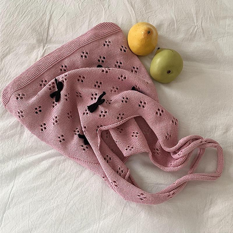 Aesthetic Knitted Bag Women Hollow Out Crochet Bow Handbag Large Capacity Handmade Tote Bag Summer Beach Woven Shoulder Bag