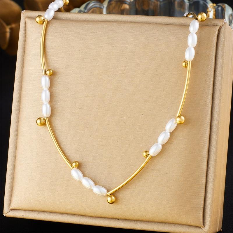 Gold Plated Freshwater Pearl Choker Necklace, Dainty Bar Chain with Rice Pearl & Bead Pendants, Elegant Jewelry for Women Gift