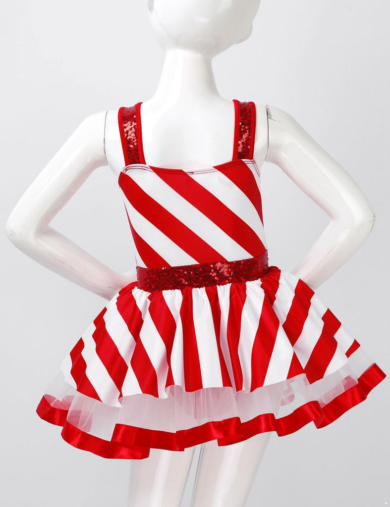 Children Girls Sequins Dance Tutu Dress Leotard Christmas Party Mrs Santa Claus Candy Cane Costume