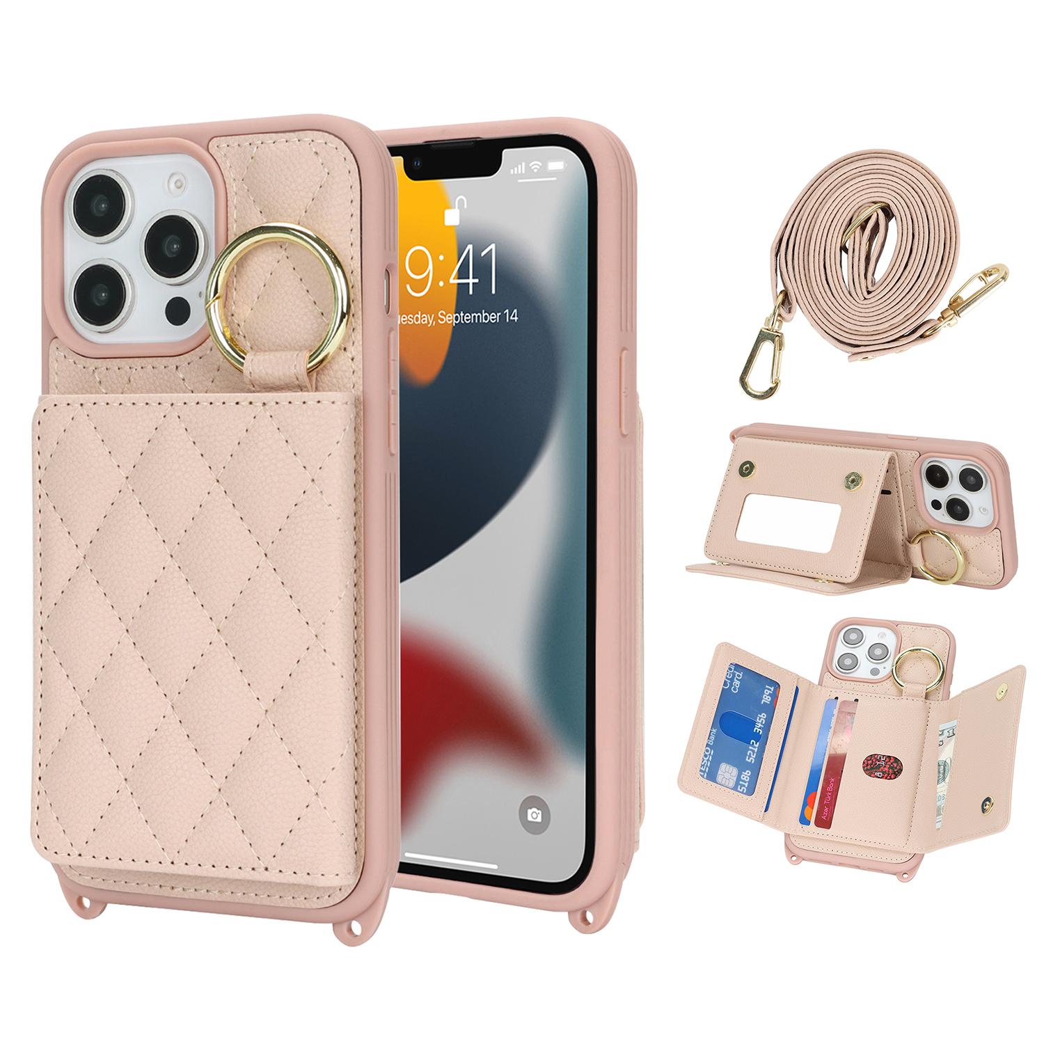 

For iPhone 13 Pro Max/12 Pro Max Case with Lanyard/Mirror/Card Holder Grids Pattern RFID Blocking Phone Cover
