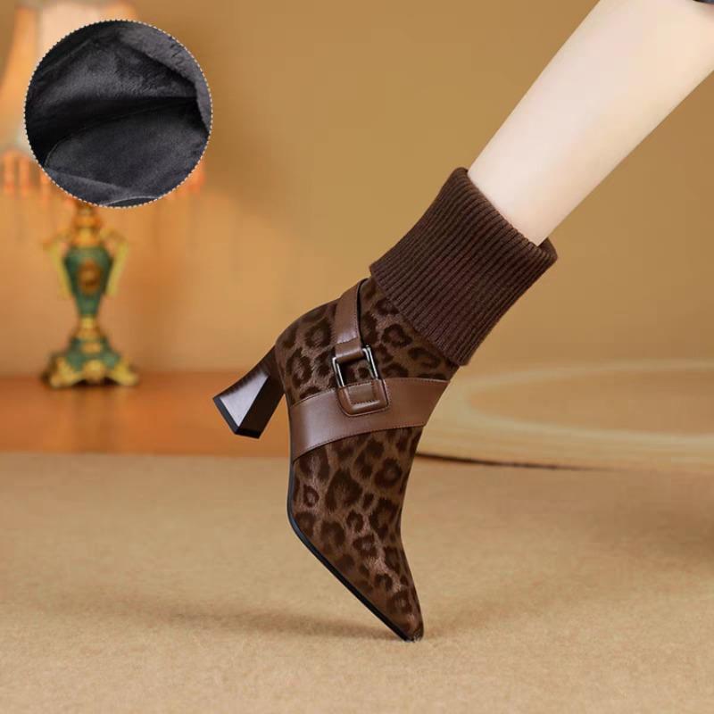 Elastische Stiefel aus weichem Leder, Hochhackige Stiefeletten, Neue spitze bequeme Damenschuhe